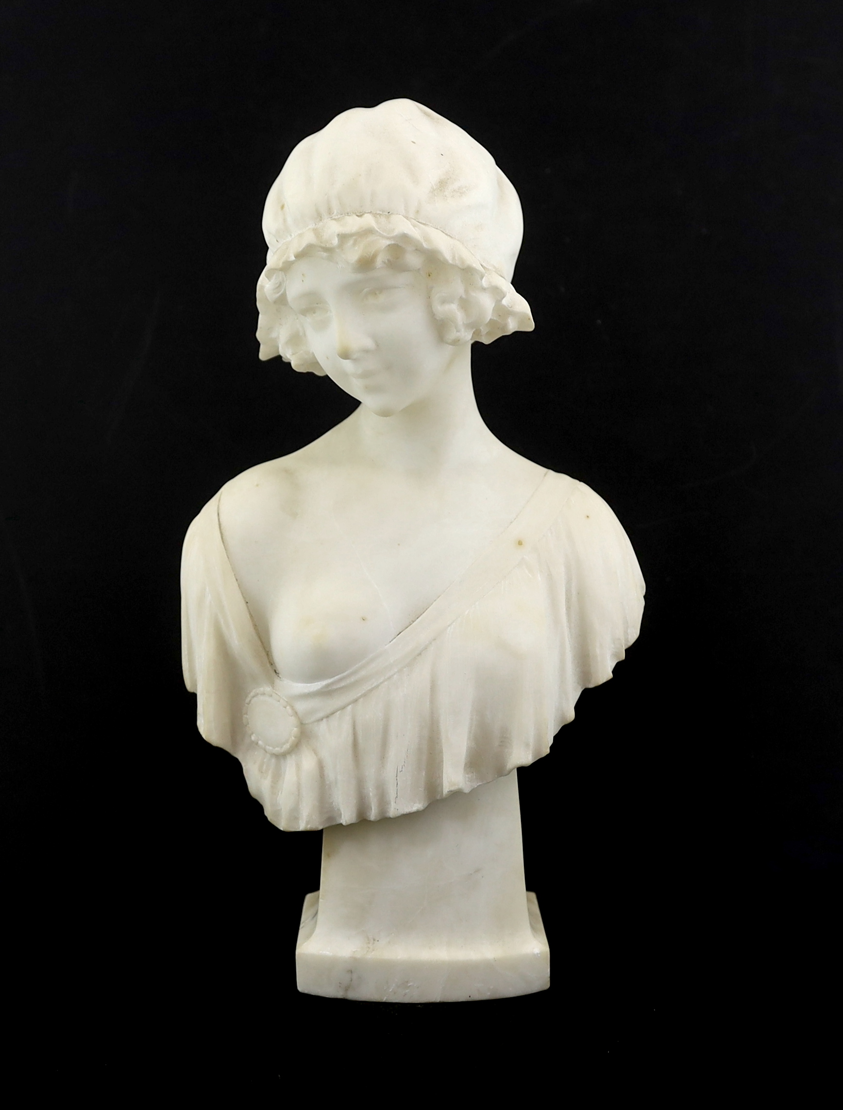 P. Conti, an early 20th century carved marble bust of a young woman